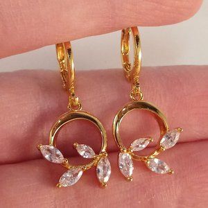 18K Yellow Gold Filled Leaf Branch Circle Diamond Zircon Dangle Earrings Party